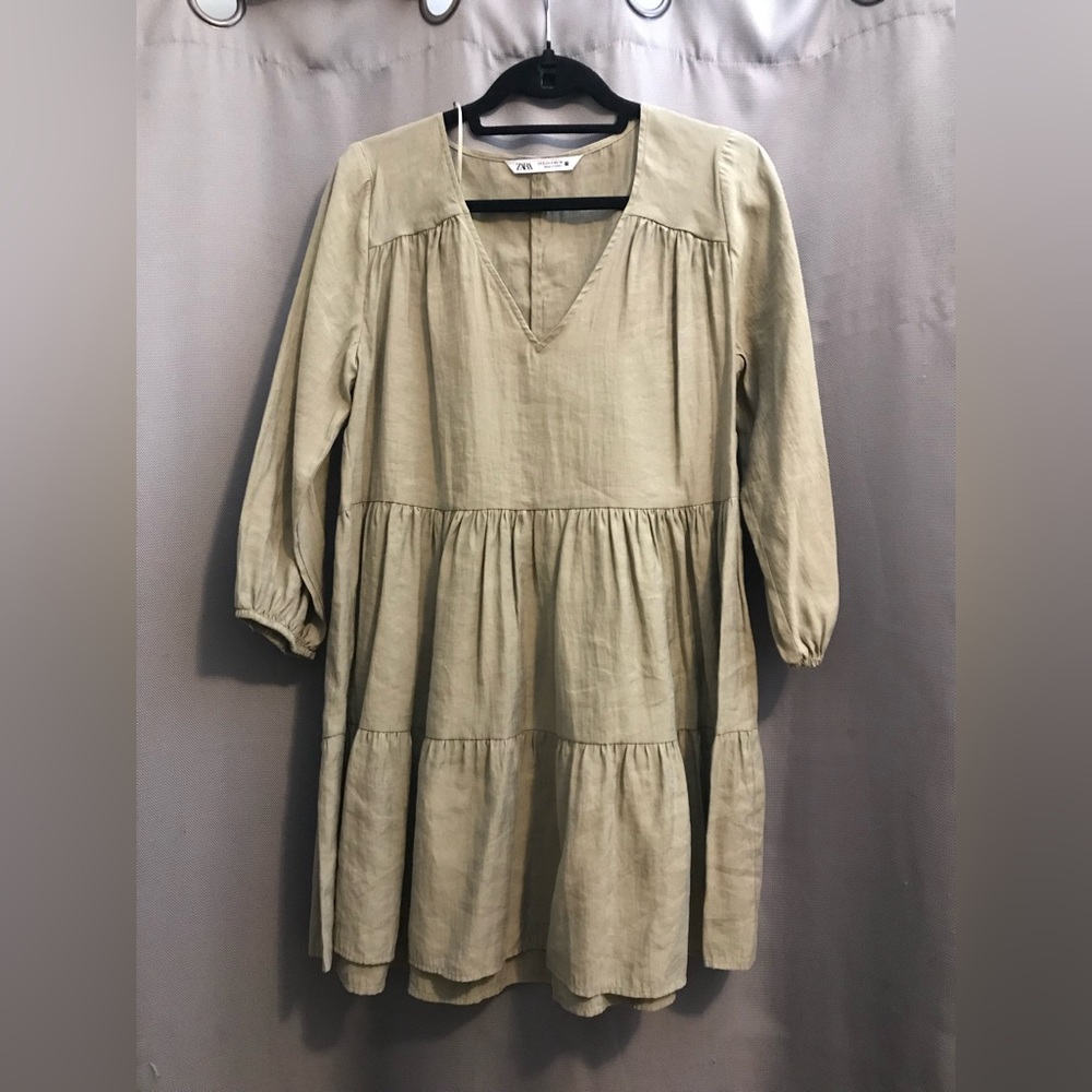 Zara long sleeve tan knee length dress size s